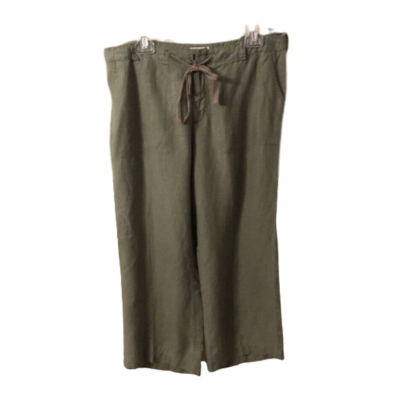ST JOHN'S BAY SIZE 14 OLIVE ARMY GREEN LINEN WIDE LEG CROPPED DRAWSTRING PANTS - Picture 1 of 7
